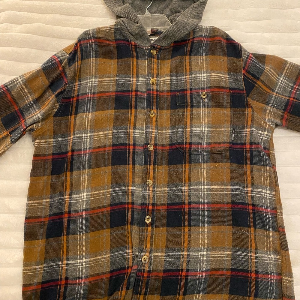 Billabong Men's Plaid Hooded Shirt - Brown, Gray, and Red
